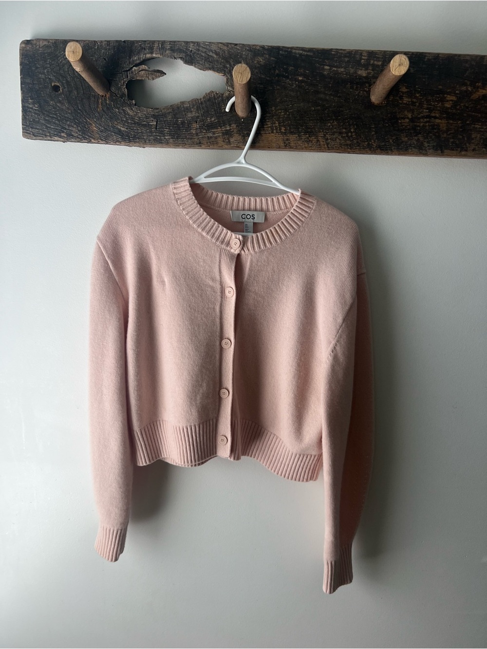 COS Pale Pink Cropped 100% wool Crewneck Button Cardigan